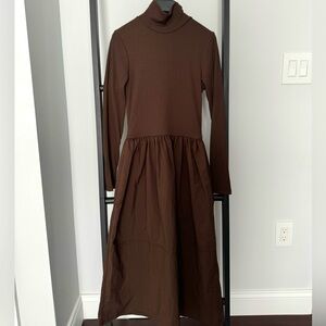 Zara Brown Midi Dress with Turtleneck Long Sleeves SMALL
